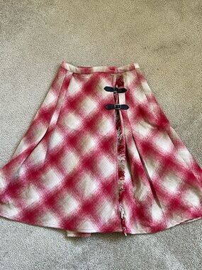 April Cornell Red and Cream Plaid Midi Skirt with Buckle Closures